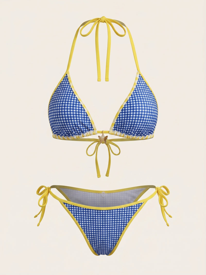 Set bikini in nylon a quadretti a contrasto con laccetti laterali
