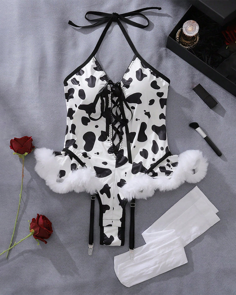 Cow Print Satin Bodysuit with Lace-Up Front-Bodysuit-Bellascena-bellascena