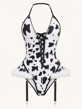 Cow Print Satin Bodysuit with Lace-Up Front-Bodysuit-Bellascena-bellascena