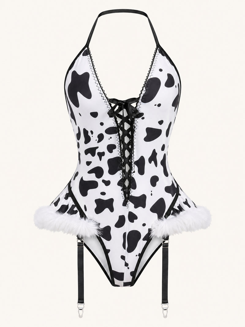 Cow Print Satin Bodysuit with Lace-Up Front