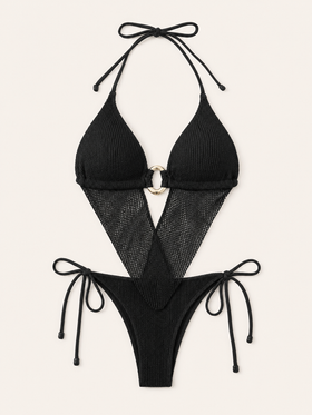 Cream Crochet Strappy Swimwear Set with Ring Detail-One-Piece Swimsuit-Bellascena-bellascena