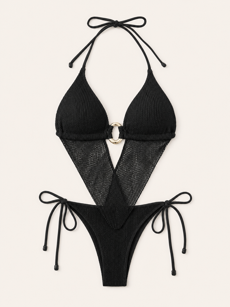 Cream Crochet Strappy Swimwear Set with Ring Detail