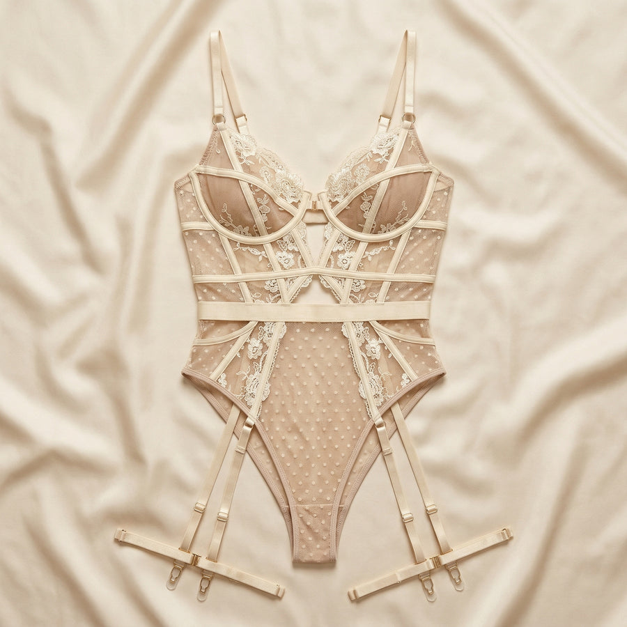 Cream Lace Bodysuit with Strappy Sheer Details-Bodysuit-Bellascena-bellascena