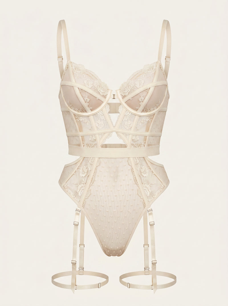 Cream Lace Bodysuit with Strappy Sheer Details