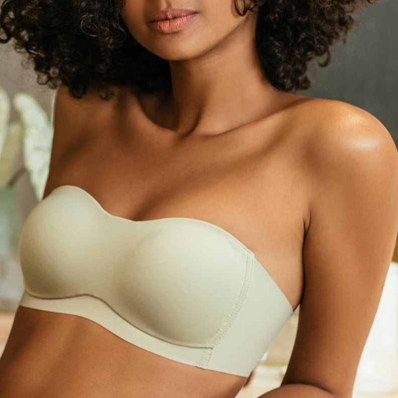 Cream Satin Strapless Bra with Seamless Design-Bra-Bellascena-Green-S-bellascena