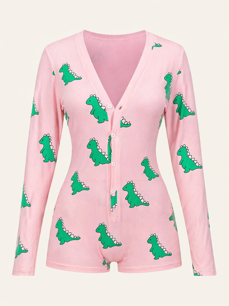 Cute Pink Dinosaur Print Cotton Bodysuit with Buttons