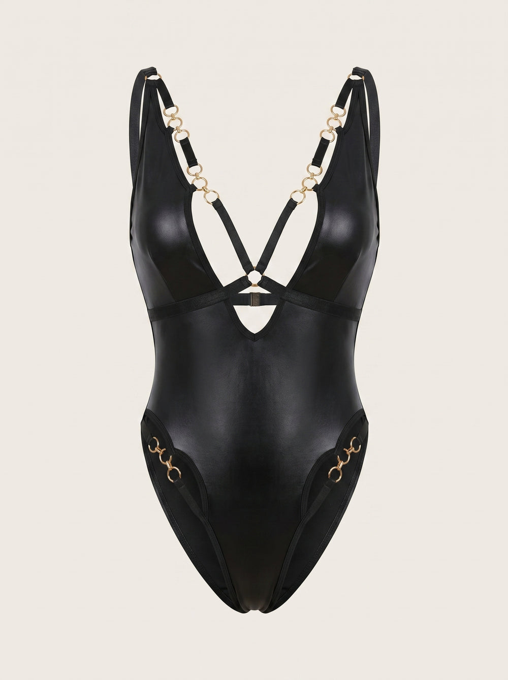 Cutout Black Satin Bodysuit with Strappy Detail