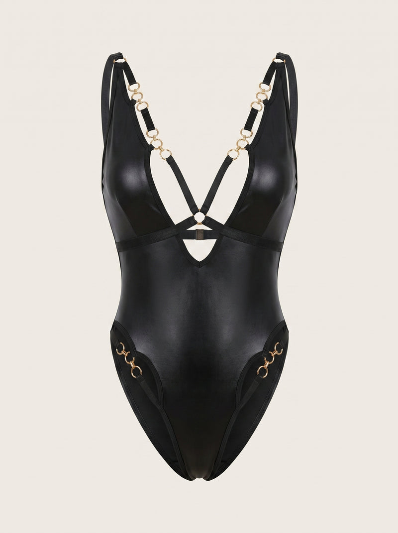 Cutout Black Satin Bodysuit with Strappy Detail