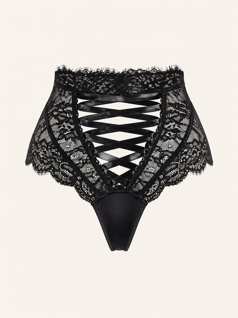 Daring Black Lace Panty with Scalloped Edges and Bow Detail