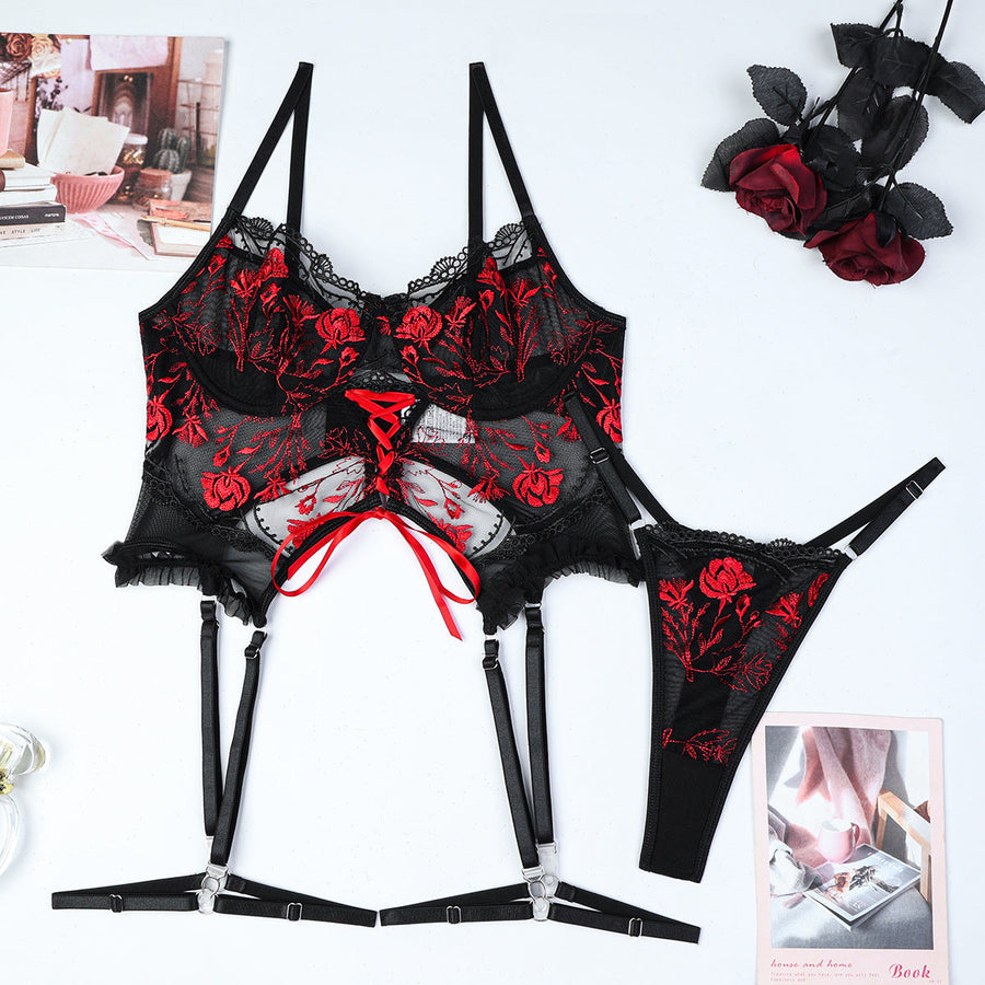 Daring Floral Red Embroidered Mesh Lingerie Set with Strappy Details-Lingerie Set-Bellascena-bellascena