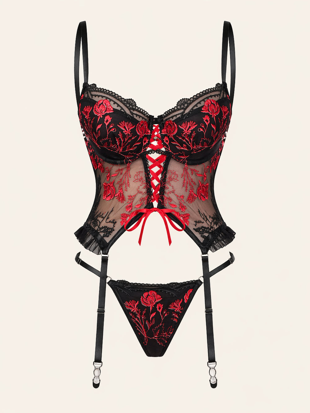 Daring Floral Red Embroidered Mesh Lingerie Set with Strappy Details