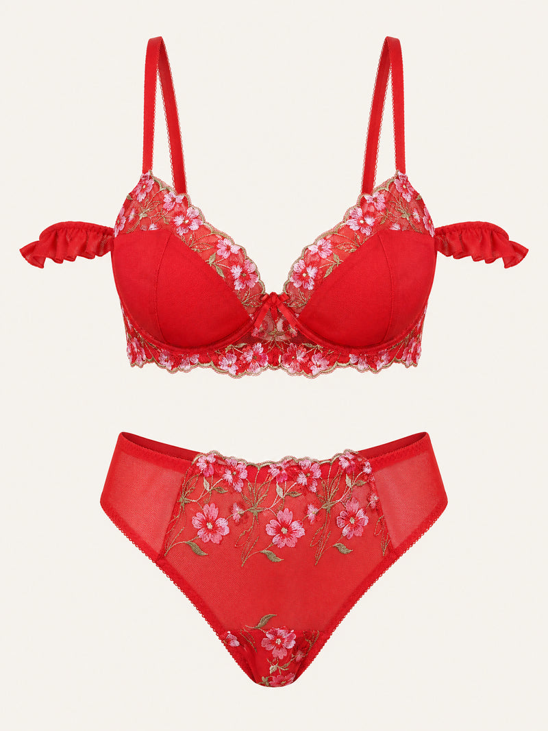 Daring Red Floral Embroidered Mesh Lingerie Set with Strappy Detail