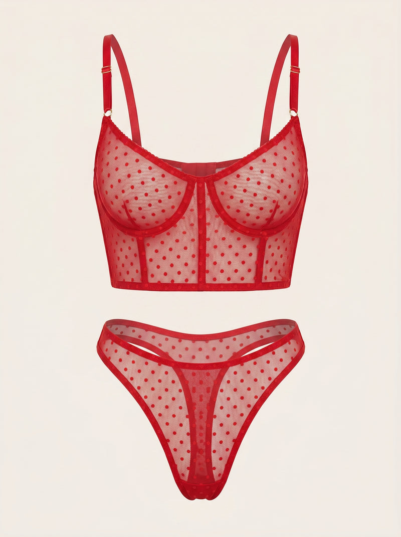 Daring Red Mesh Lingerie Set with Strappy Design