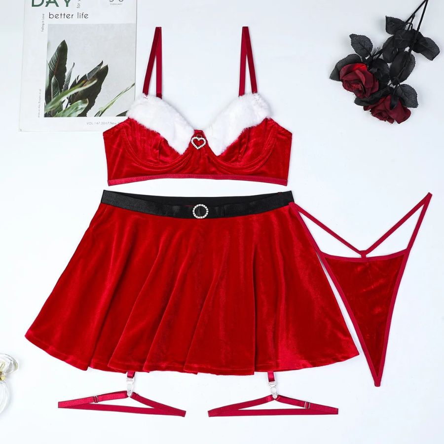 Daring Red Velvet Bodysuit with Faux Fur Trim-Bodysuit-Bellascena-bellascena