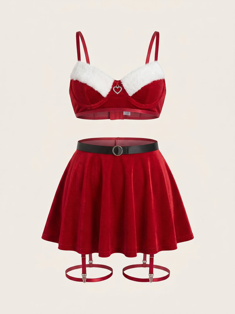Daring Red Velvet Bodysuit with Faux Fur Trim