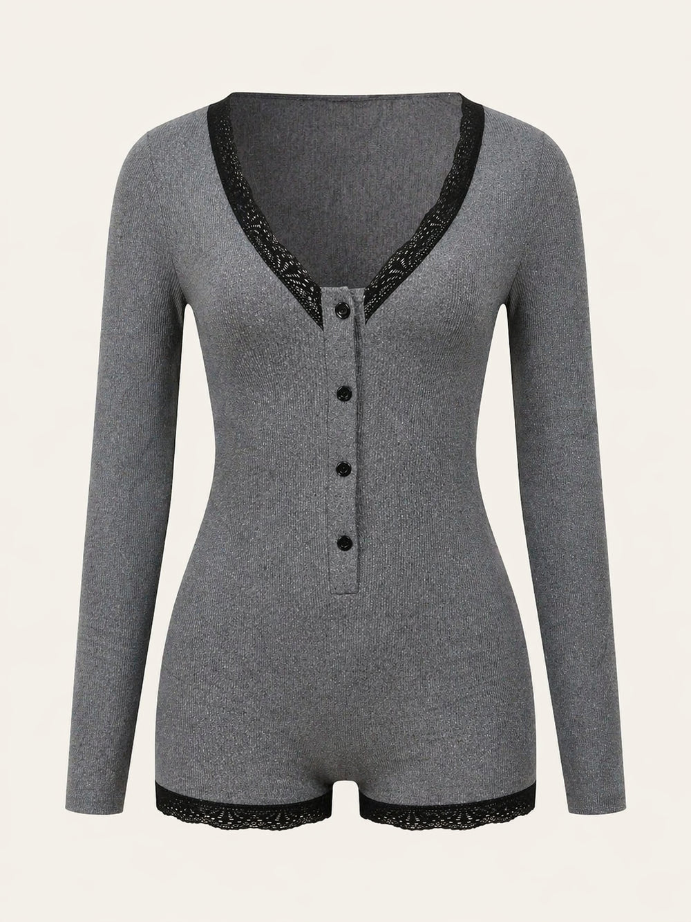 Tutina da notte in cotone grigio scuro con dettagli in pizzo
