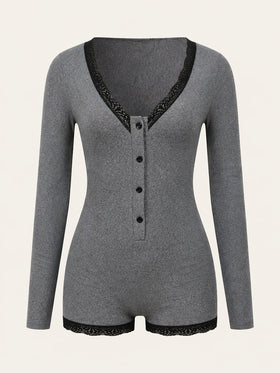 Dark Gray Cotton Sleep Playsuit with Lace Trim Detail-Pajama Set-Bellascena-bellascena