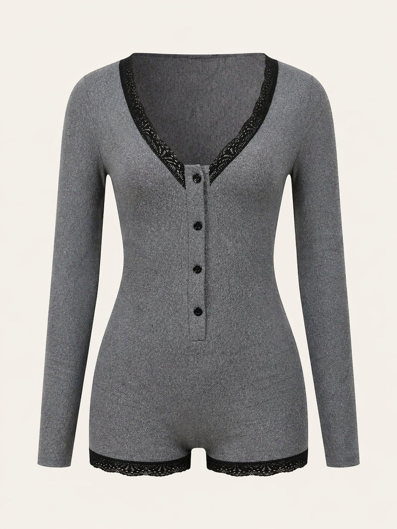 Dark Gray Cotton Sleep Playsuit with Lace Trim Detail