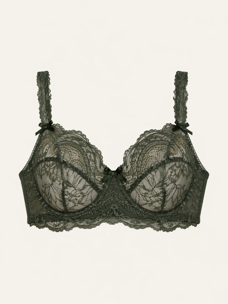 Dark Green Lace Bra with Strappy Detail