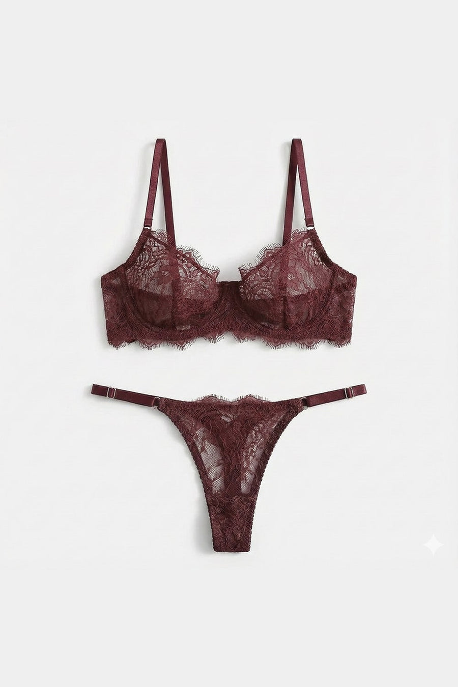 Deep Brown Lace Lingerie Set with Scalloped Edges-Lingerie Set-Bellascena-bellascena