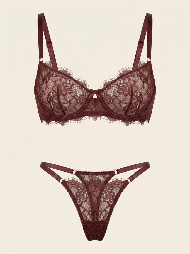 Deep Brown Lace Lingerie Set with Scalloped Edges