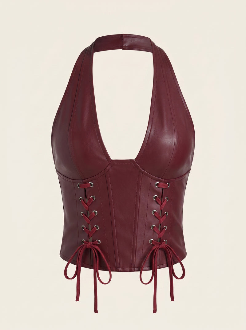Crop top bordeaux scuro in ecopelle con scollo all’americana e stringhe
