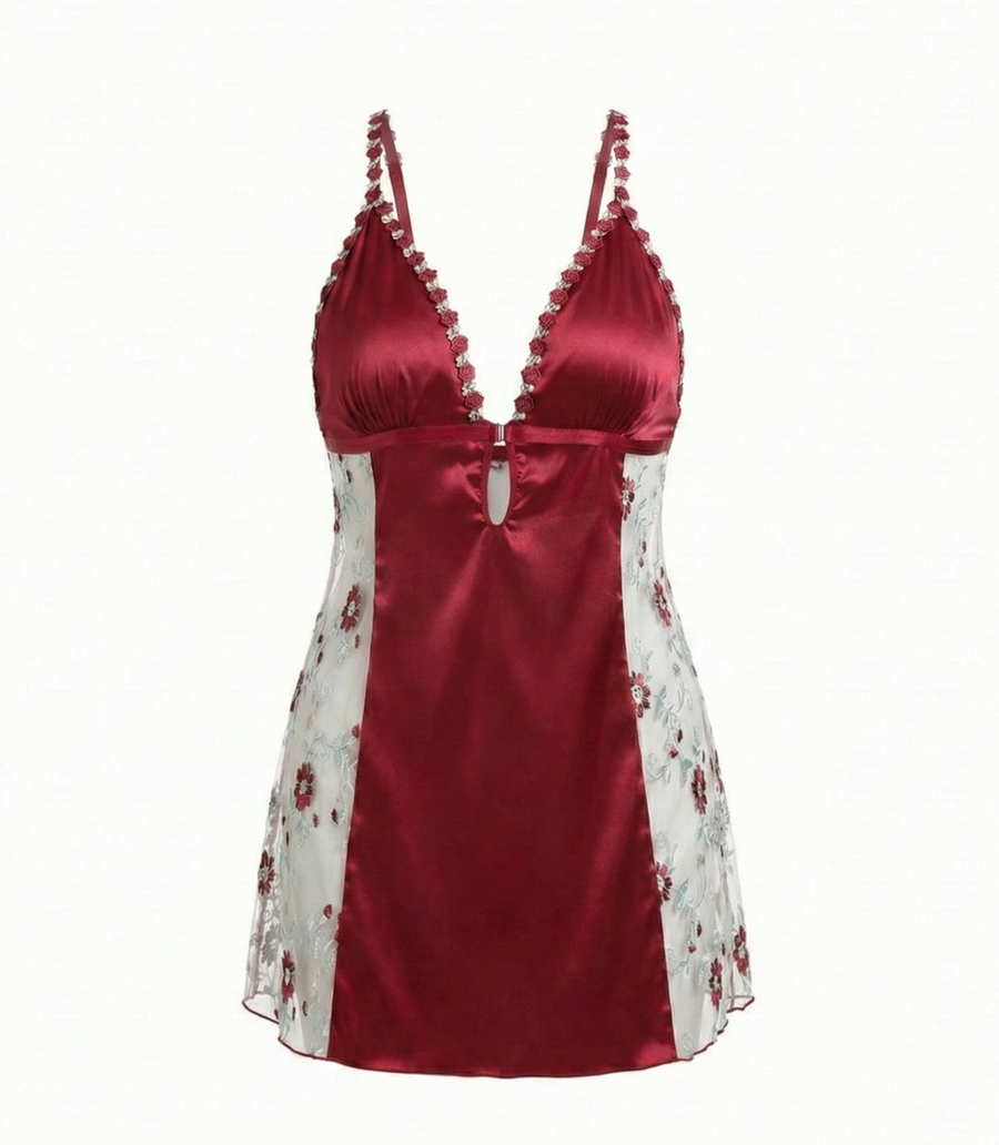 Deep Red Floral Satin Nightgown with Embroidery and Cross-Back Design-Nightgown-Bellascena-bellascena