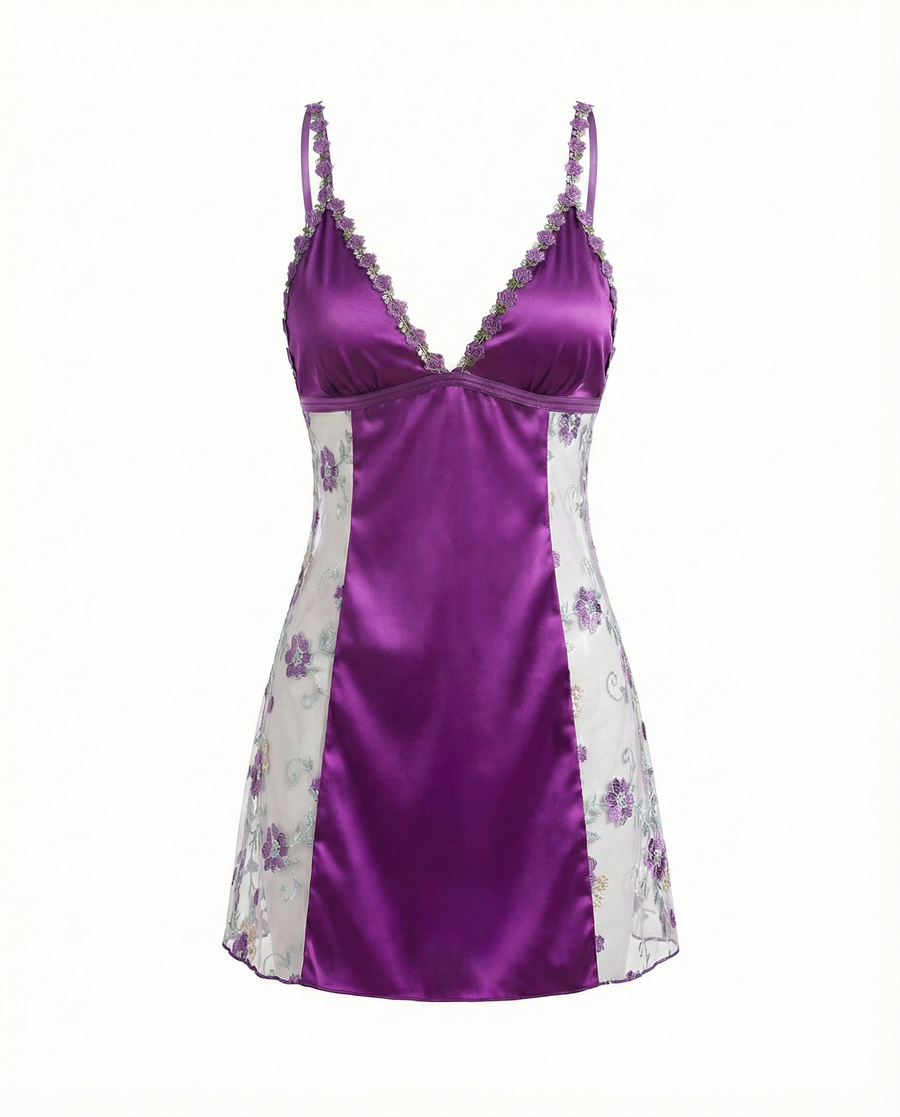 Deep Red Floral Satin Nightgown with Embroidery and Cross-Back Design-Nightgown-Bellascena-bellascena