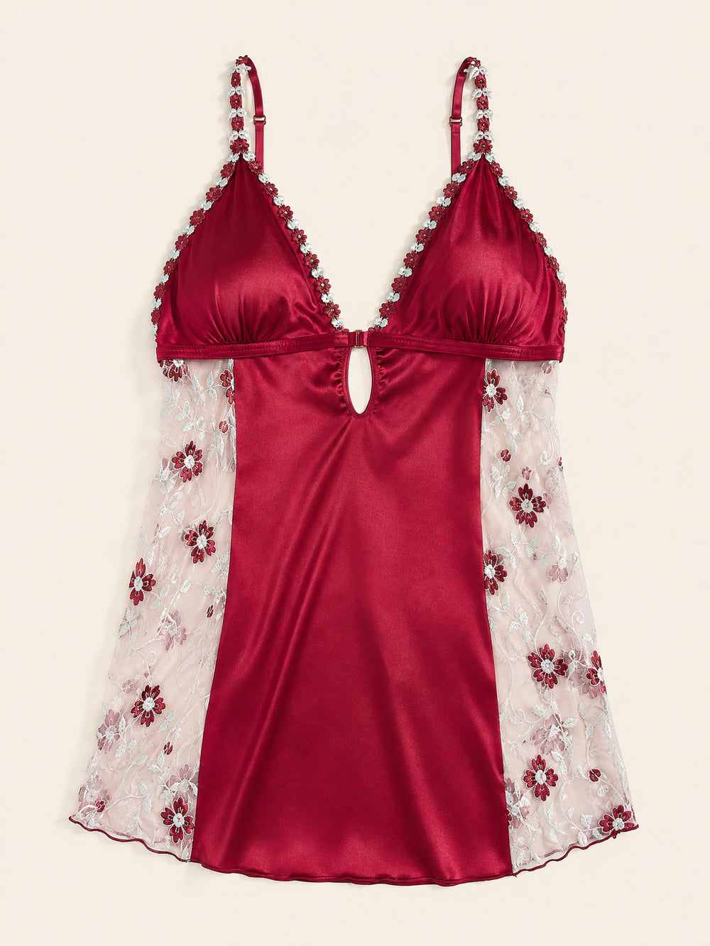 Camisón de satén rojo intenso con estampado floral, bordado y diseño de espalda cruzada