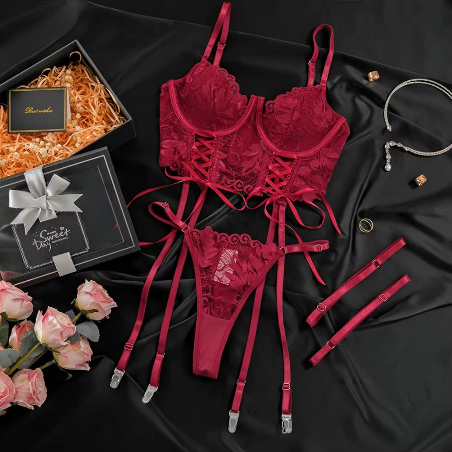 Deep Red Lace Bodysuit with Strappy Design-Bodysuit-Bellascena-bellascena