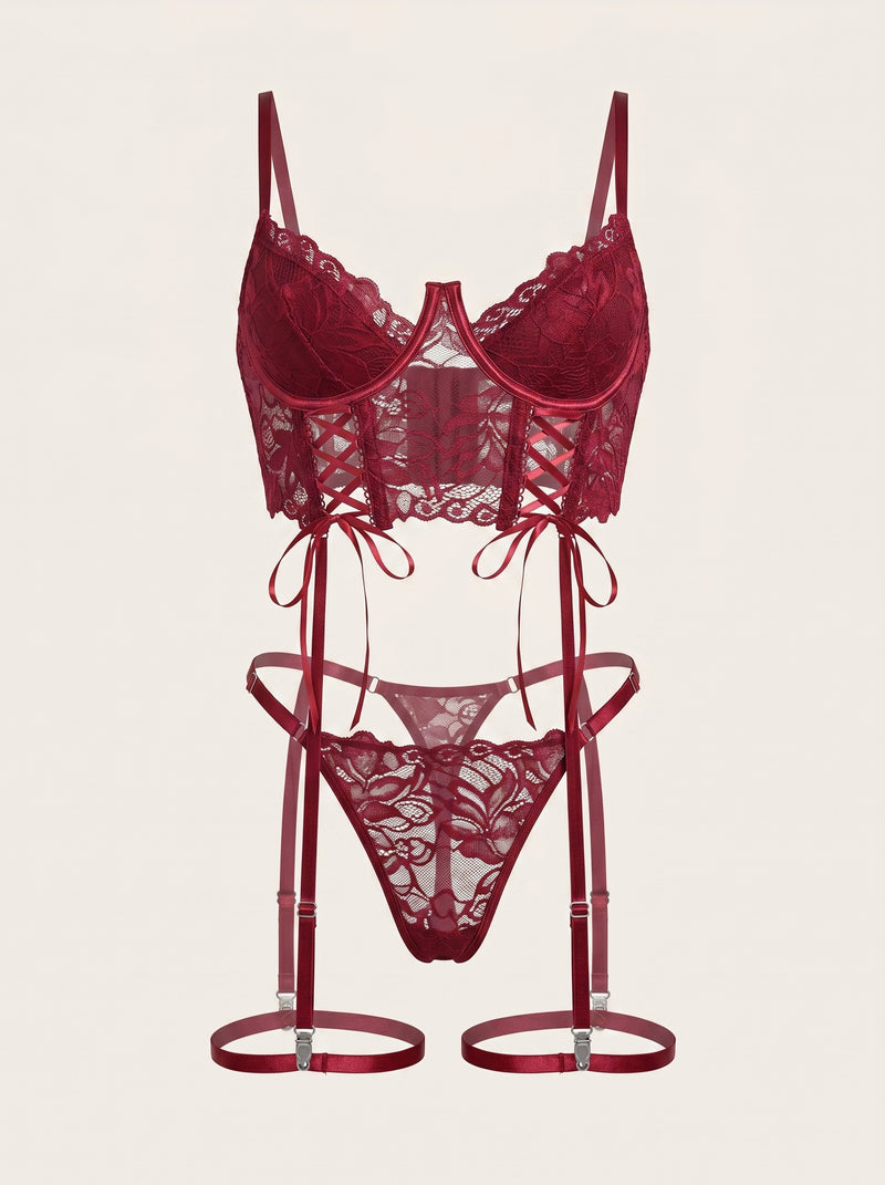 Deep Red Lace Bodysuit with Strappy Design