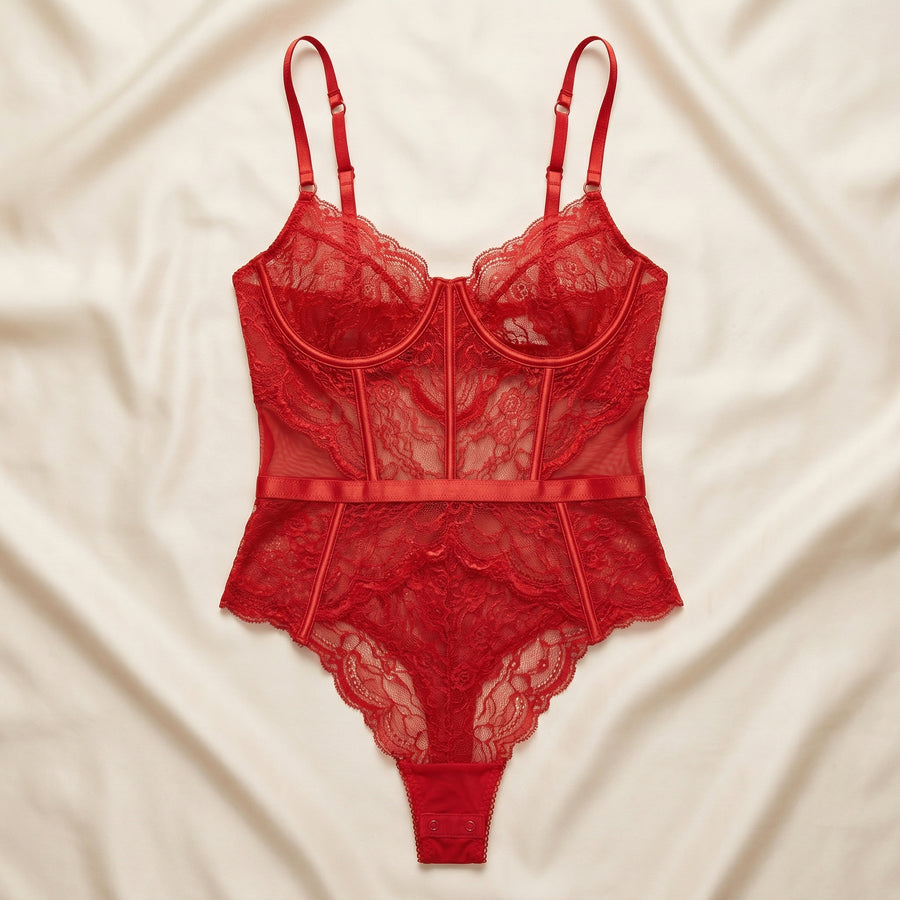 Deep Red Lace Bodysuit with Strappy Sheer Design-Bodysuit-Bellascena-bellascena