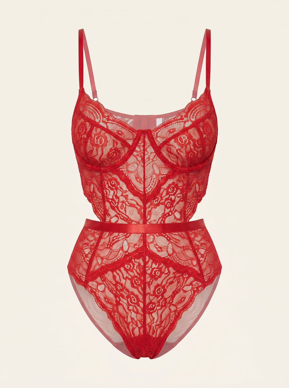 Deep Red Lace Bodysuit with Strappy Sheer Design