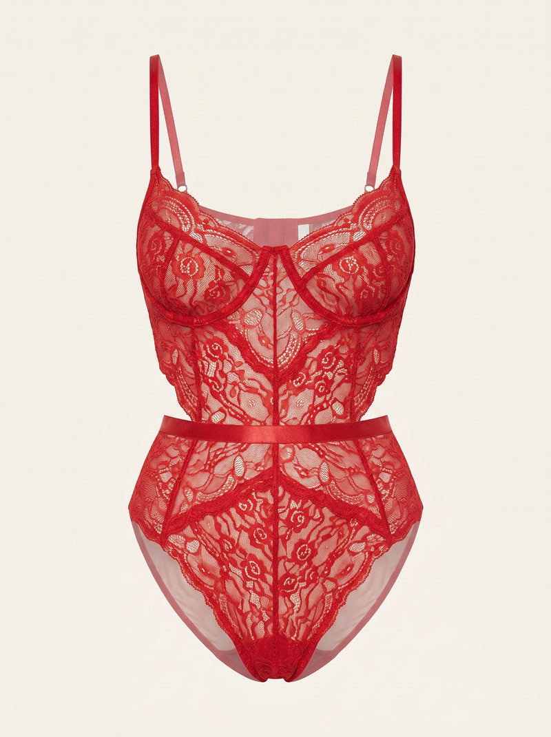 Deep Red Lace Bodysuit with Strappy Sheer Design