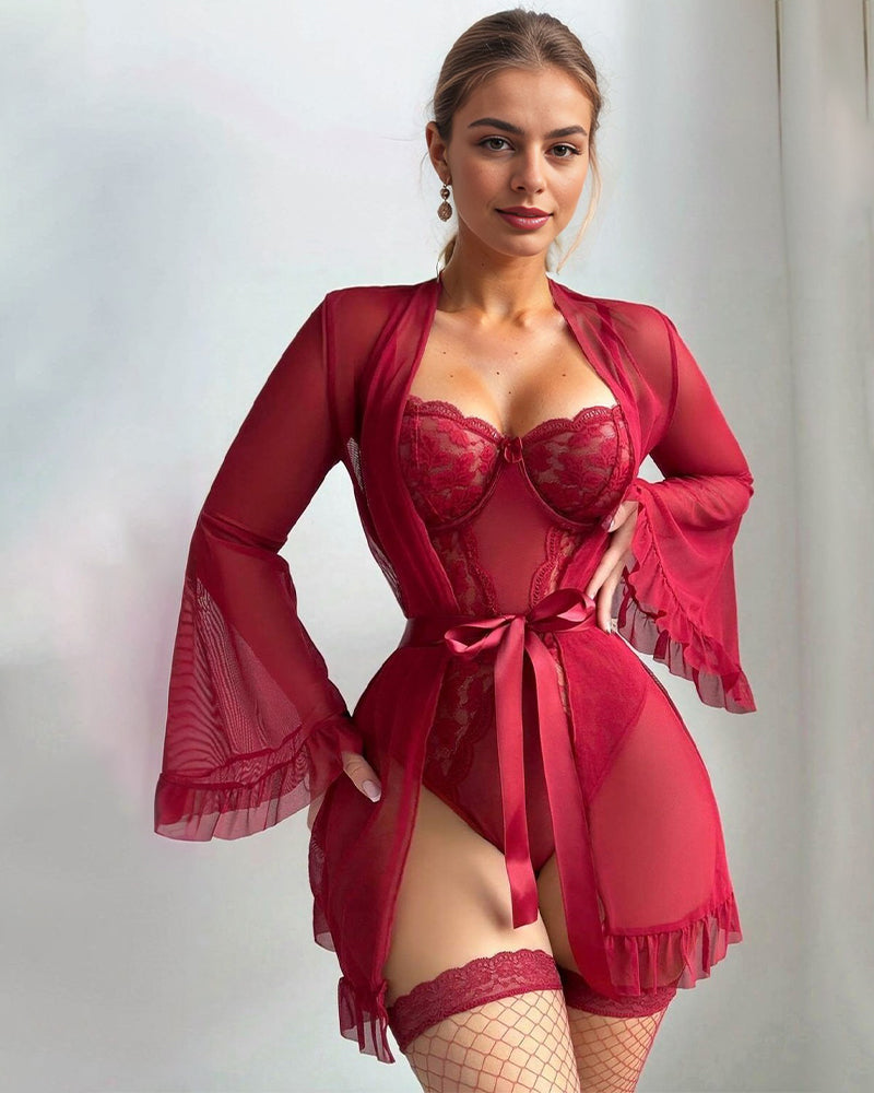 Deep Red Lace Kimono Robe with Scalloped Edges-Bodysuit-Bellascena-bellascena