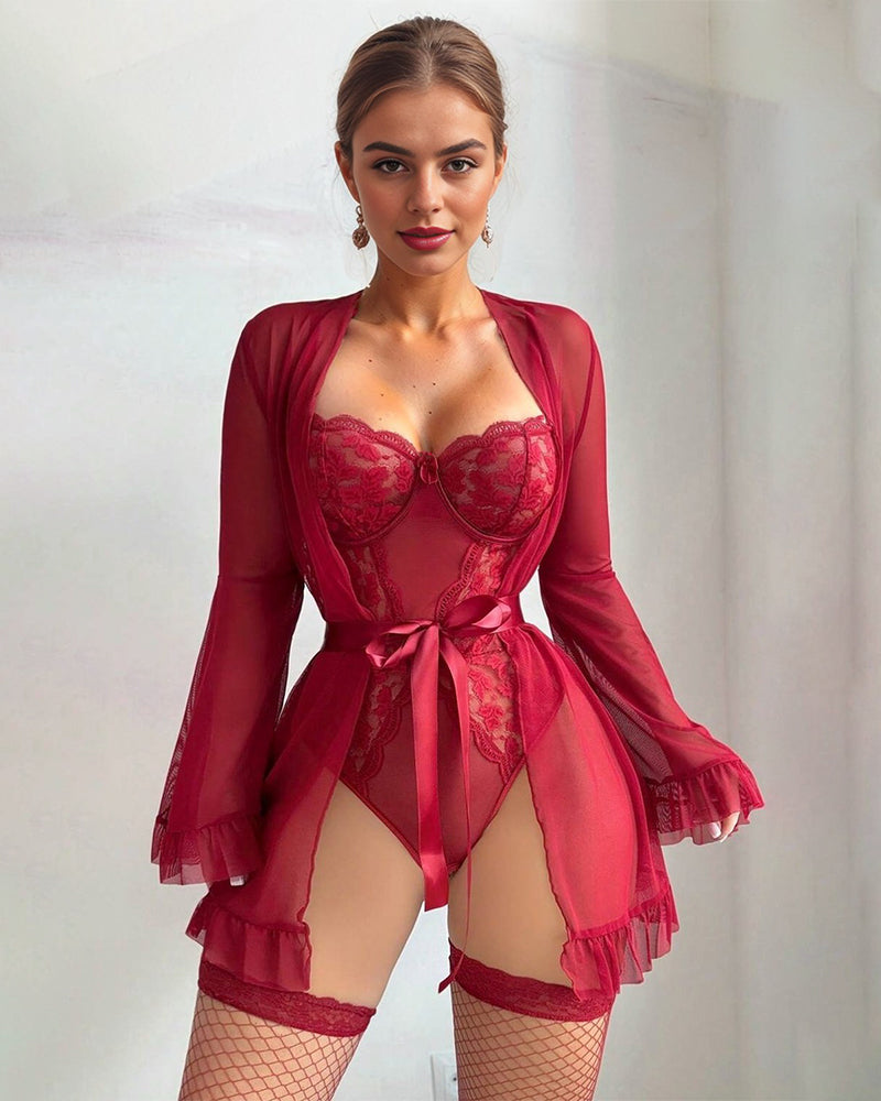 Deep Red Lace Kimono Robe with Scalloped Edges-Bodysuit-Bellascena-bellascena