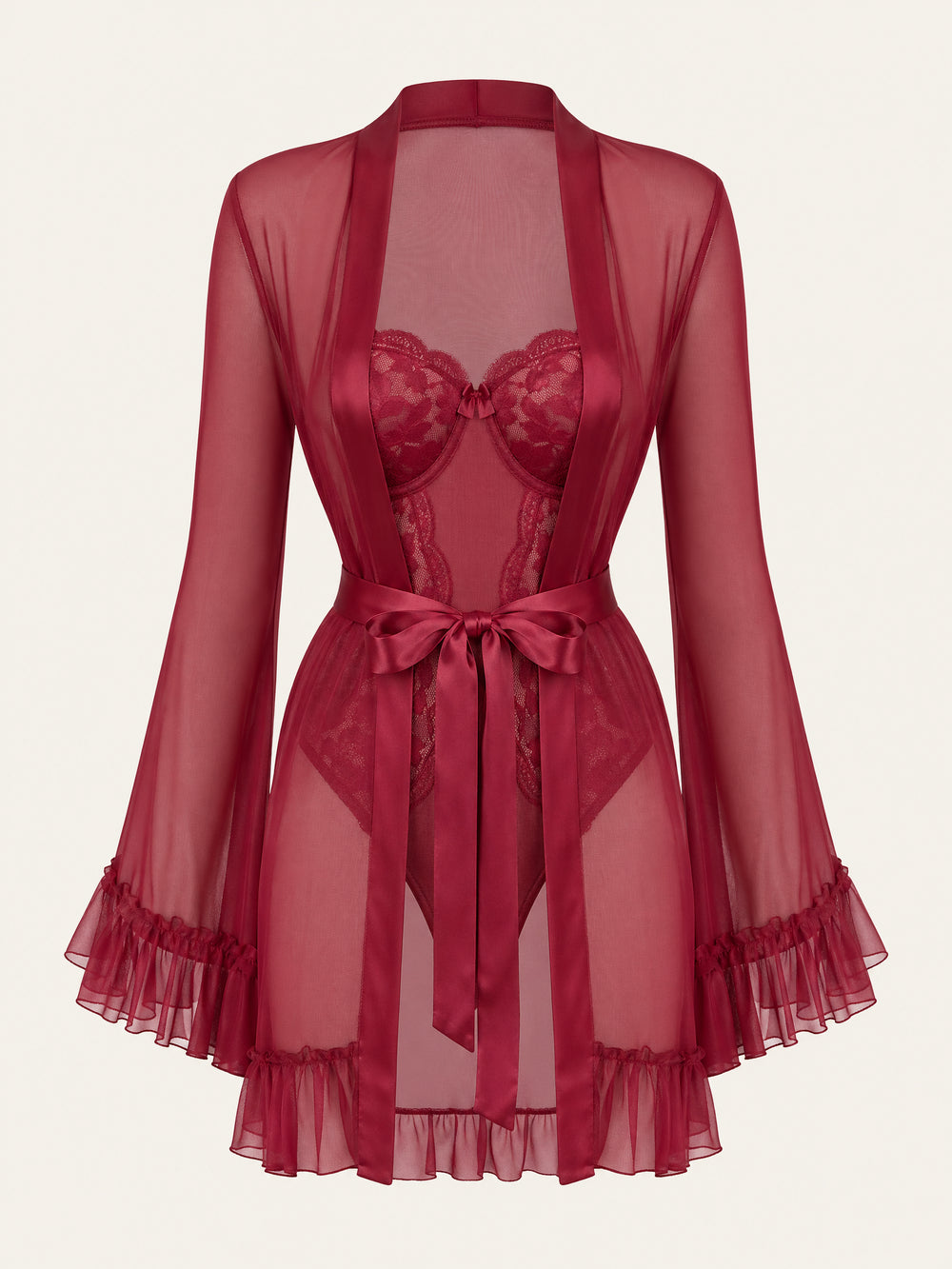 Kimono rouge foncé en dentelle avec bords festonnés