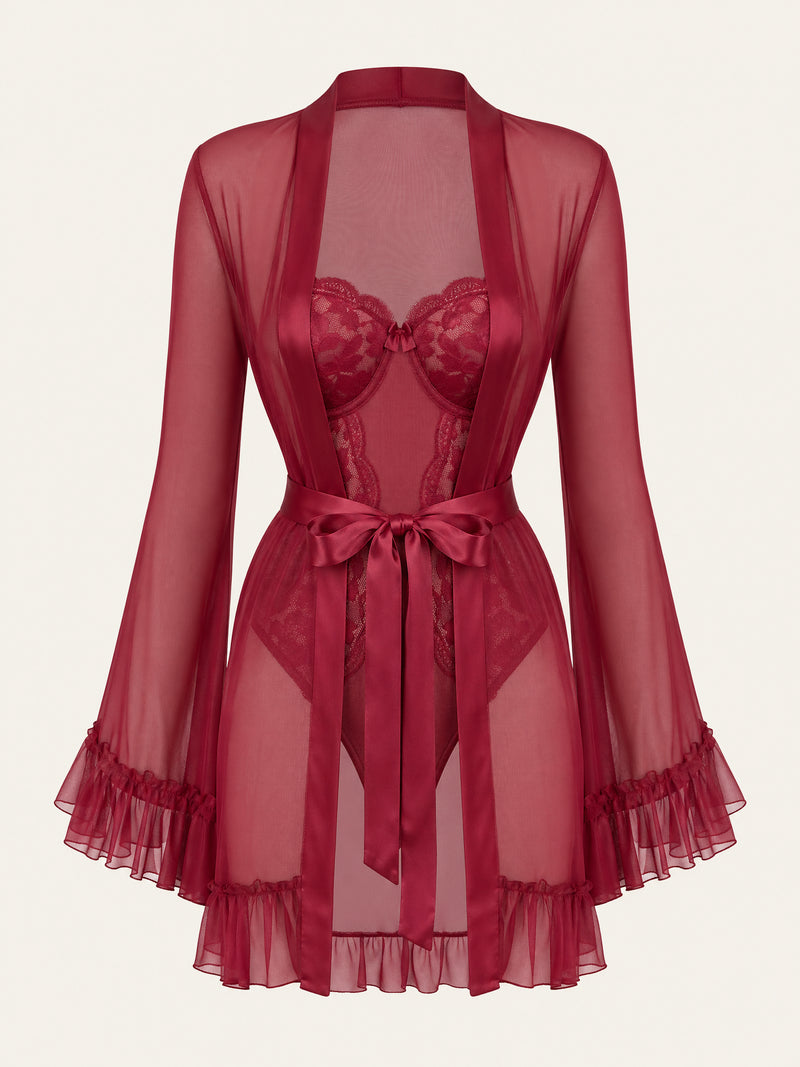 Deep Red Lace Kimono Robe with Scalloped Edges