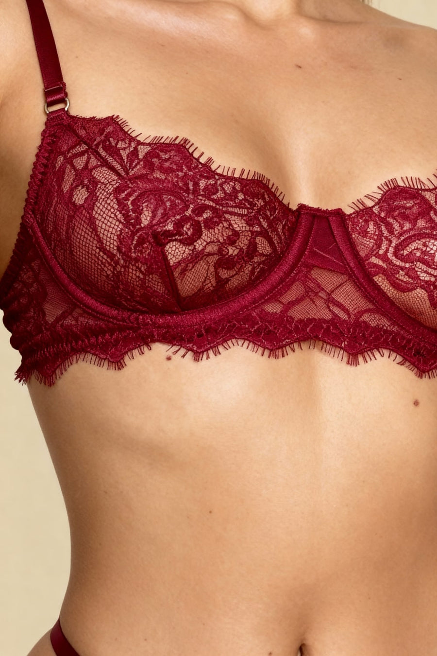 Deep Red Lace Lingerie Set with Sheer Scalloped Detail-Lingerie Set-Bellascena-bellascena