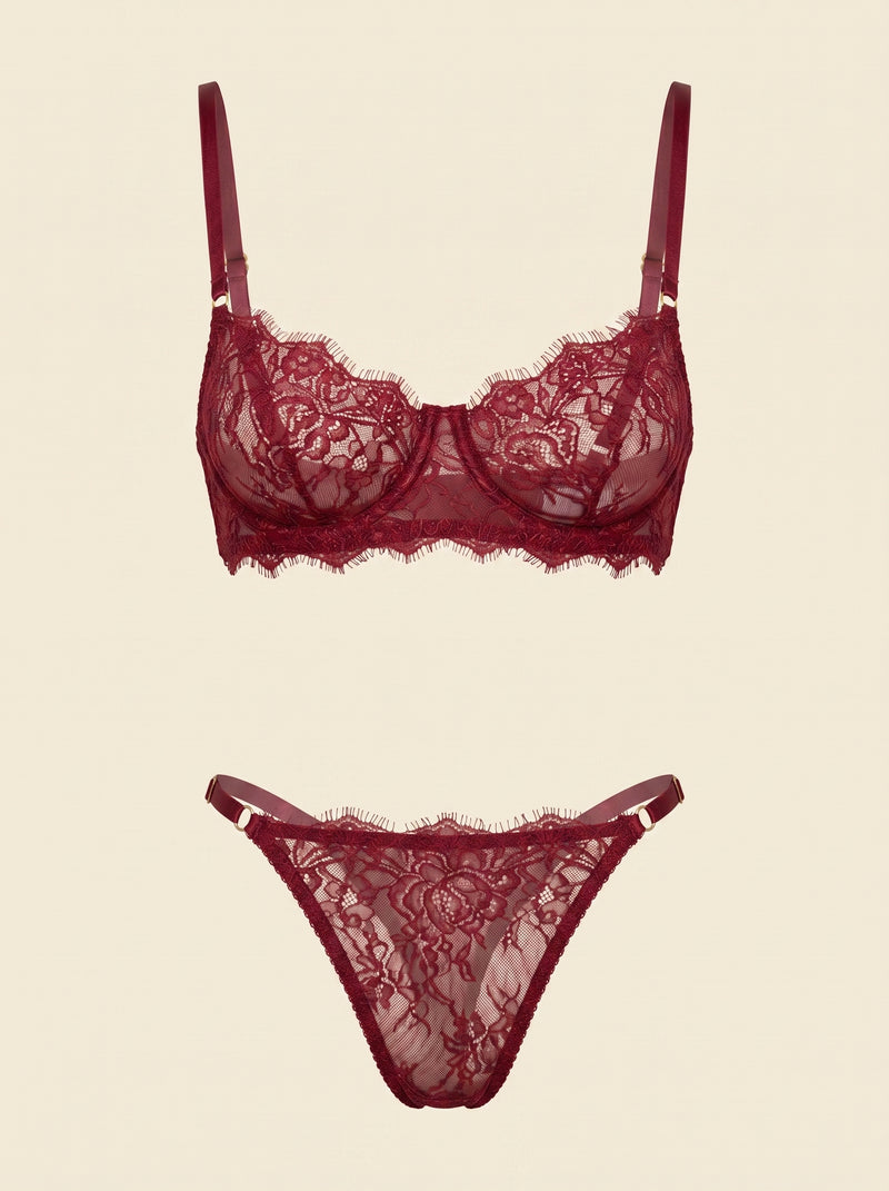 Deep Red Lace Lingerie Set with Sheer Scalloped Detail