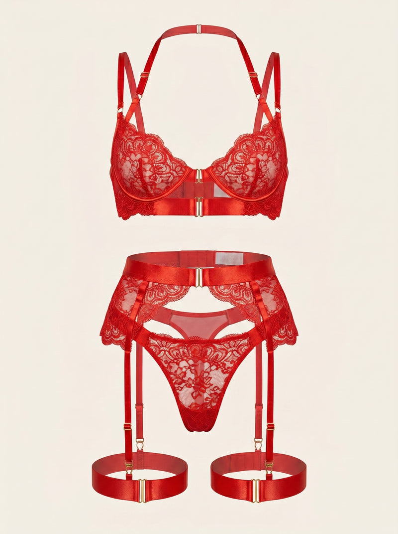 Set di lingerie in pizzo rosso intenso con design a strisce