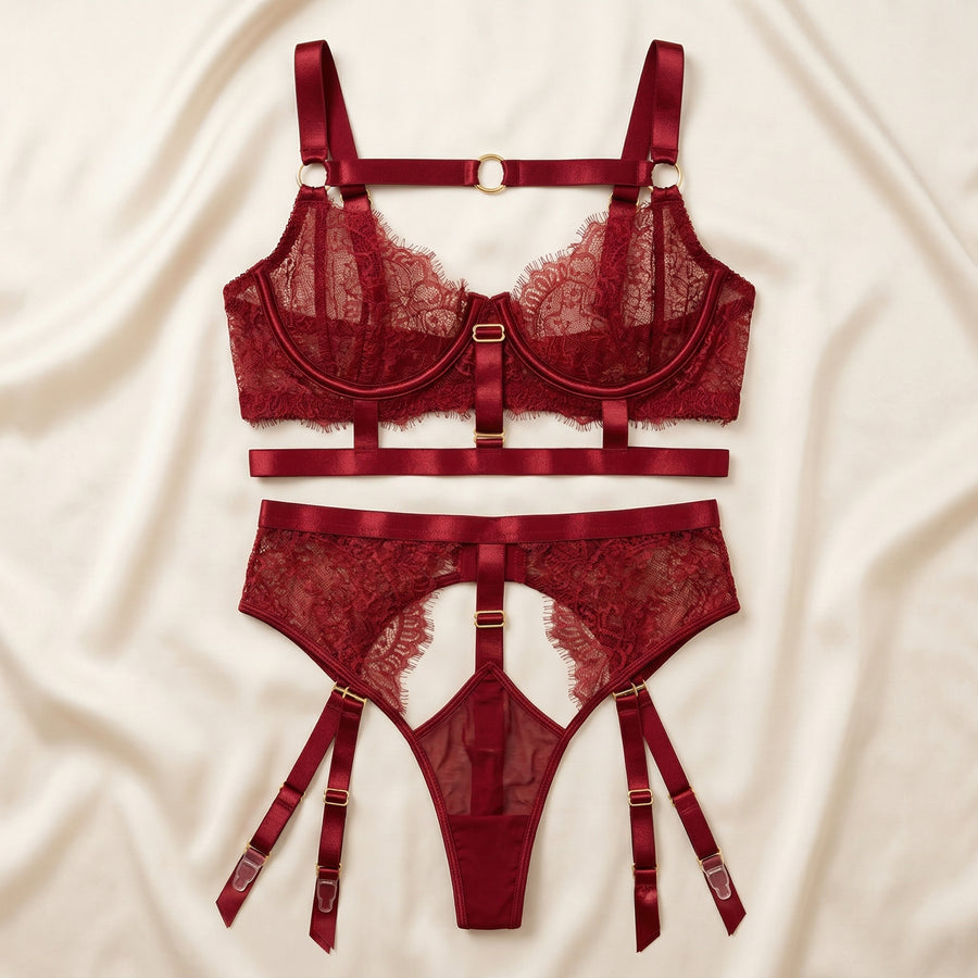 Deep Red Lace Lingerie Set with Strappy Elegance-Lingerie Set-Bellascena-bellascena