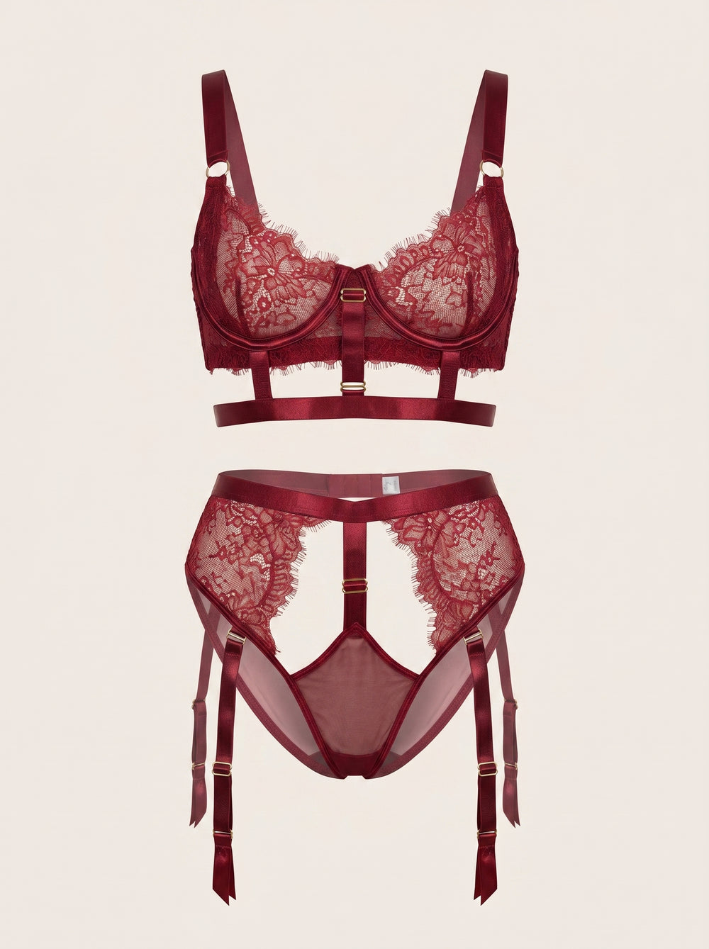 Dunkelrotes Spitzen-Dessous-Set mit Riemchen-Eleganz
