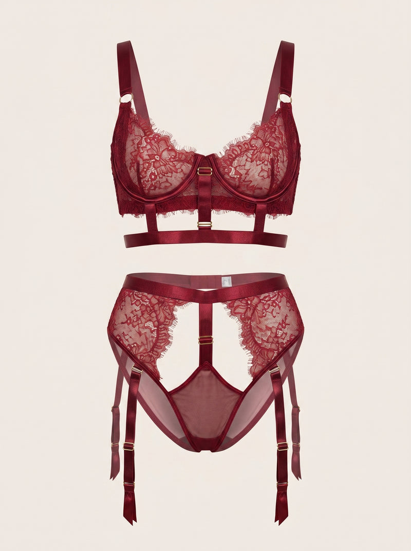 Set di lingerie in pizzo rosso intenso con eleganza a strisce