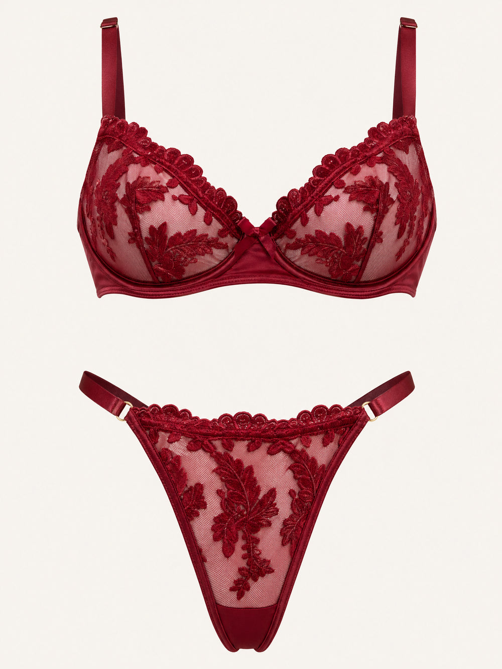 Dunkelrotes Spitzen-Dessous-Set mit transparentem Riemchendesign