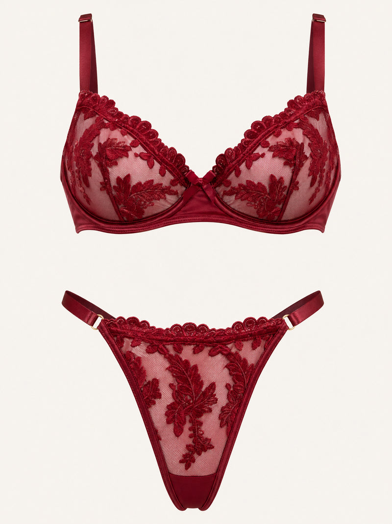 Set di lingerie in pizzo rosso intenso con design trasparente a strisce