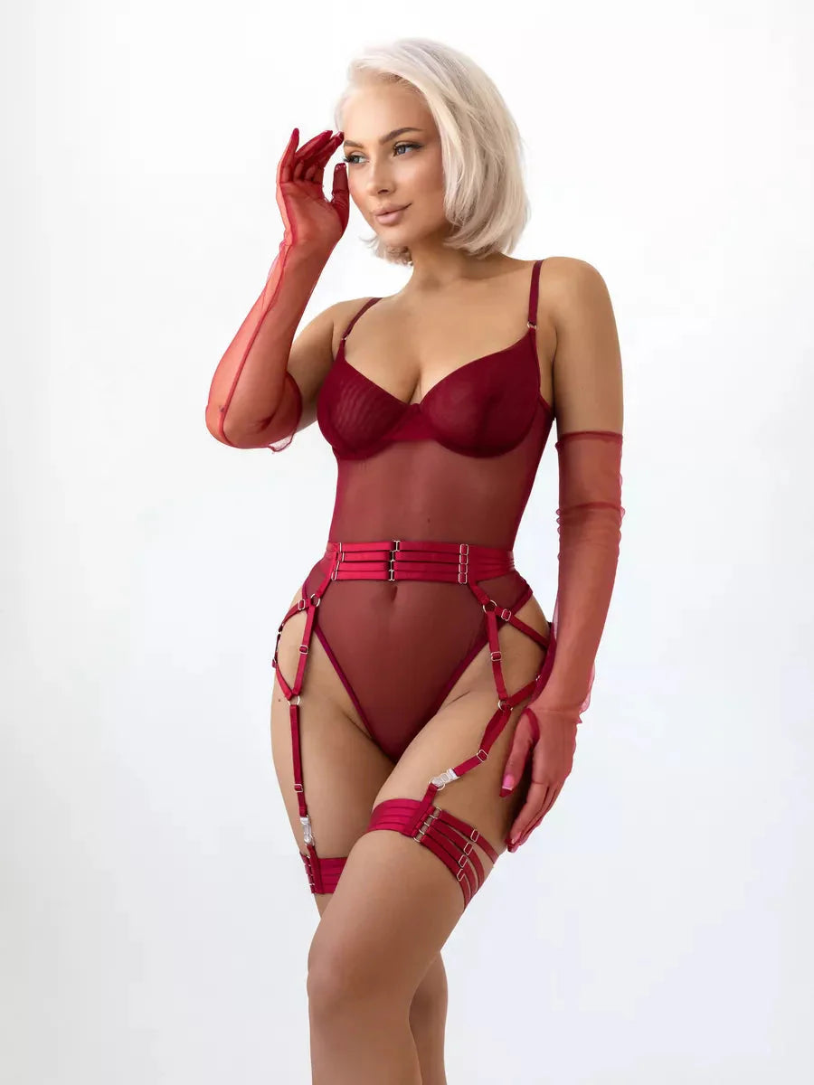 Deep Red Mesh Bodysuit with Strappy Elegance-Bodysuit-Bellascena-bellascena
