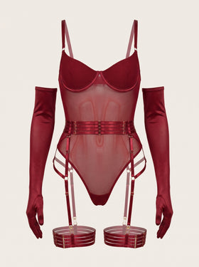 Deep Red Mesh Bodysuit with Strappy Elegance-Bodysuit-Bellascena-bellascena