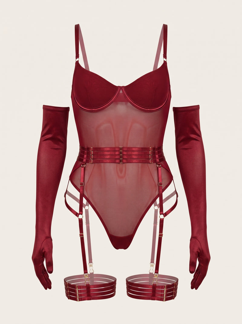 Deep Red Mesh Bodysuit with Strappy Elegance
