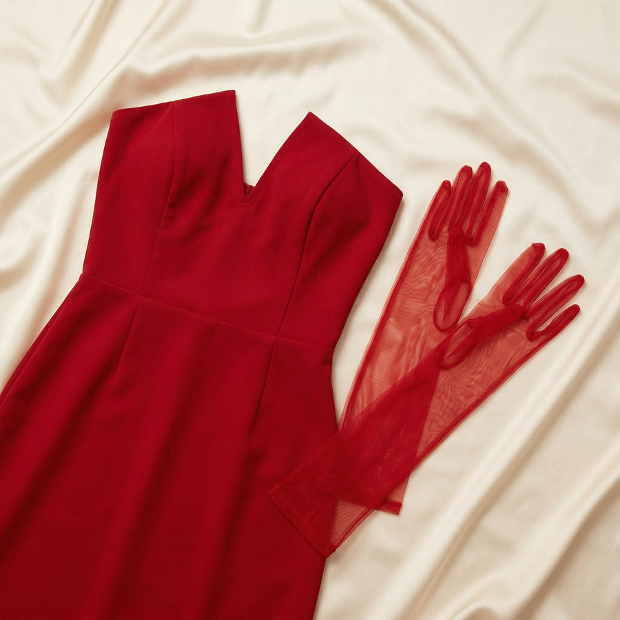 Deep Red Mesh Gloves with Sheer Elegance-Gloves-Bellascena-bellascena
